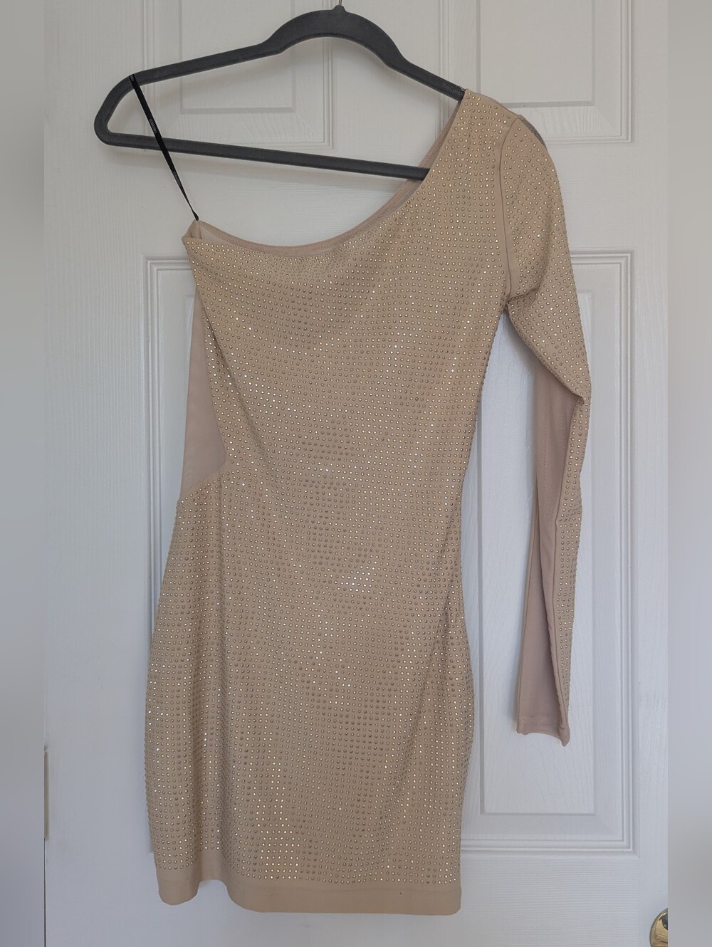 Beige One-Shoulder Rhinestone Bodycon Dress